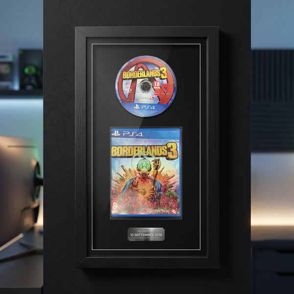 Borderlands 3 PS4 Exhibition Range frame on a dark wall with the disc and case on display