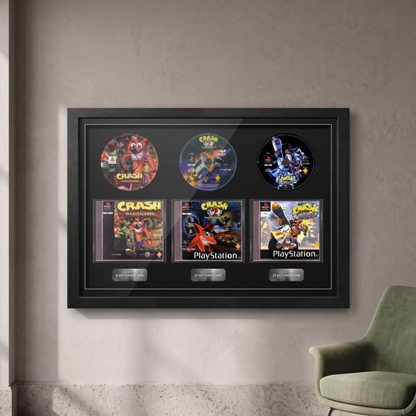 Crash Bandicoot Trilogy PS1 Trio frame hanging on a living room wall