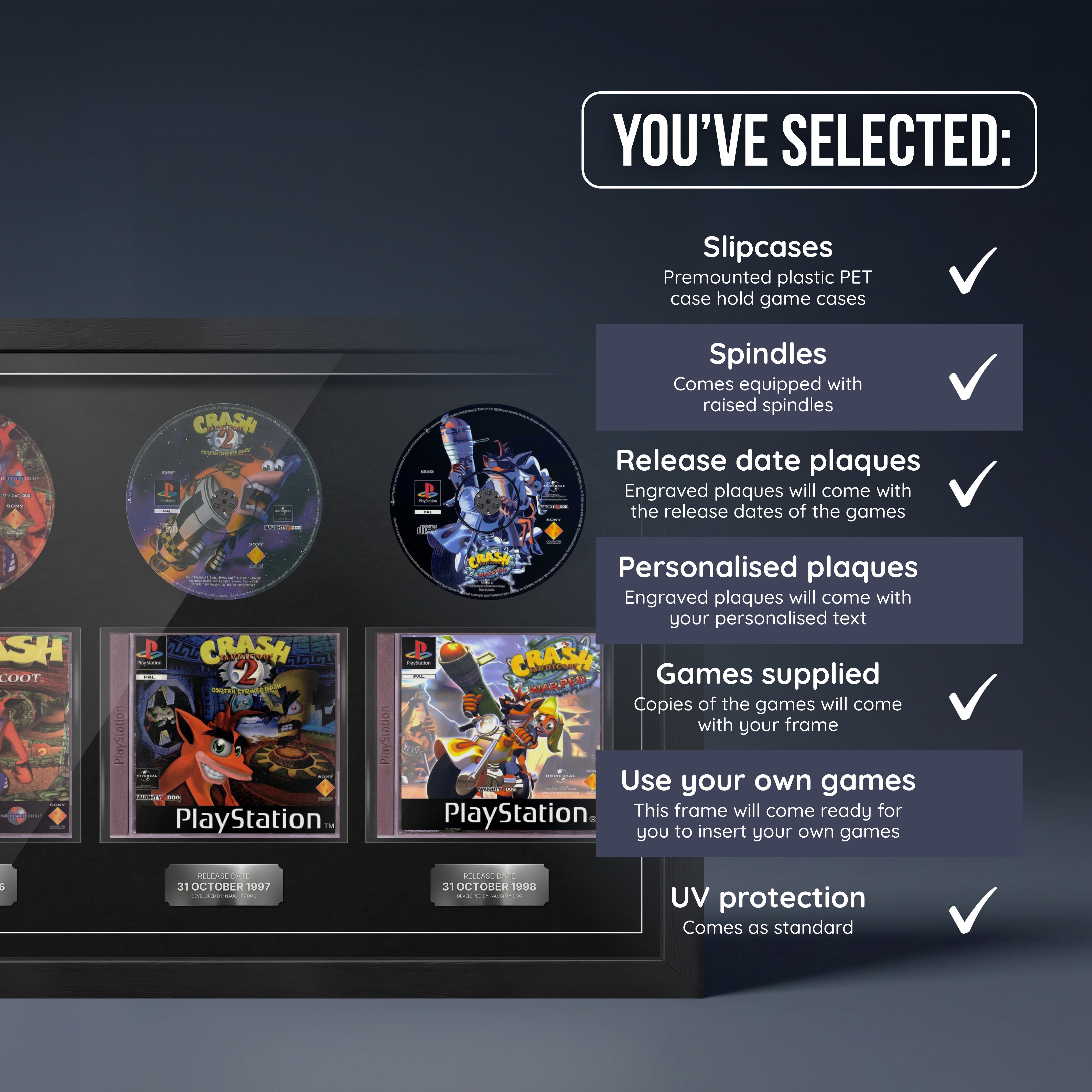 Crash Bandicoot Trilogy Trio frame, games supplied with three release date plaques