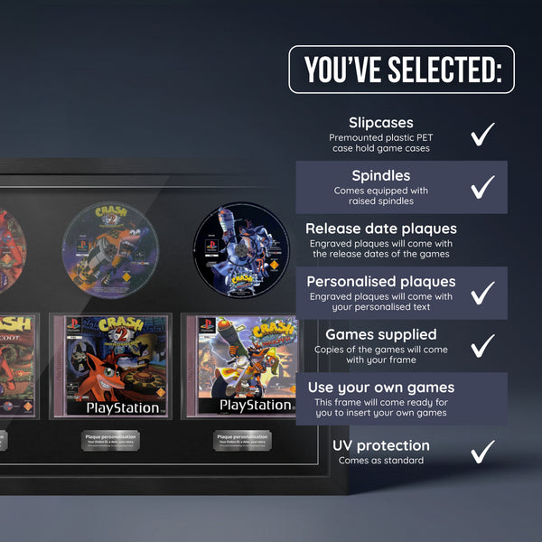 Crash Bandicoot Trilogy Trio frame, games supplied with three personalised plaques
