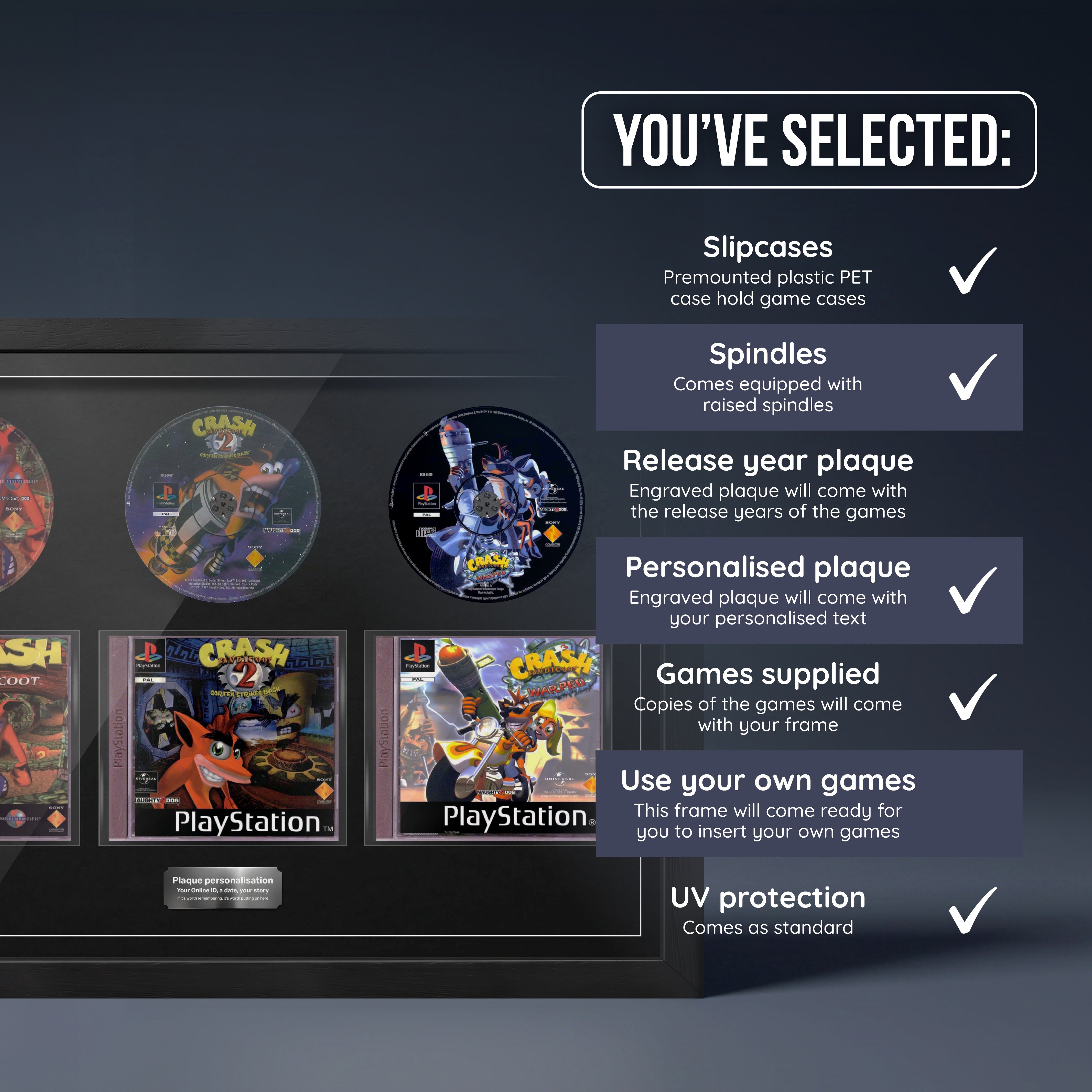 Crash Bandicoot Trilogy Trio frame, games supplied with one personalised plaque