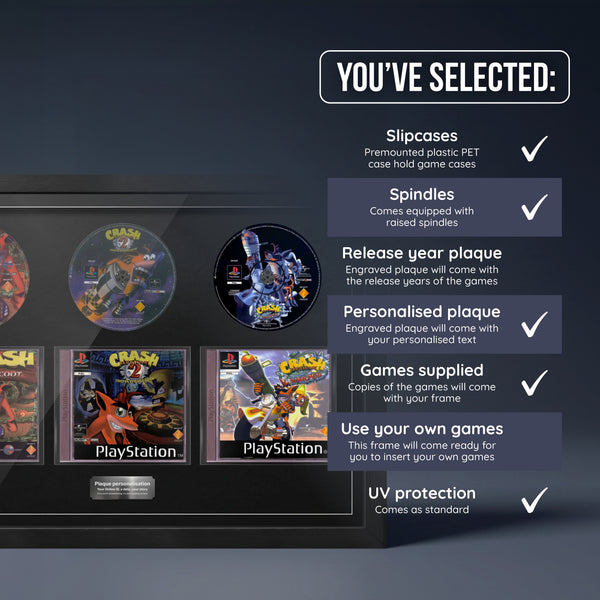 Crash Bandicoot Trilogy Trio frame, games supplied with one personalised plaque