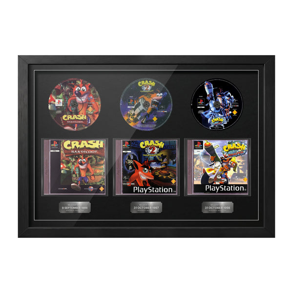 Crash Bandicoot Trilogy PS1 Trio frame with the original discs, cases and release date plaques for Crash Bandicoot, Cortex Strikes Back and Warped