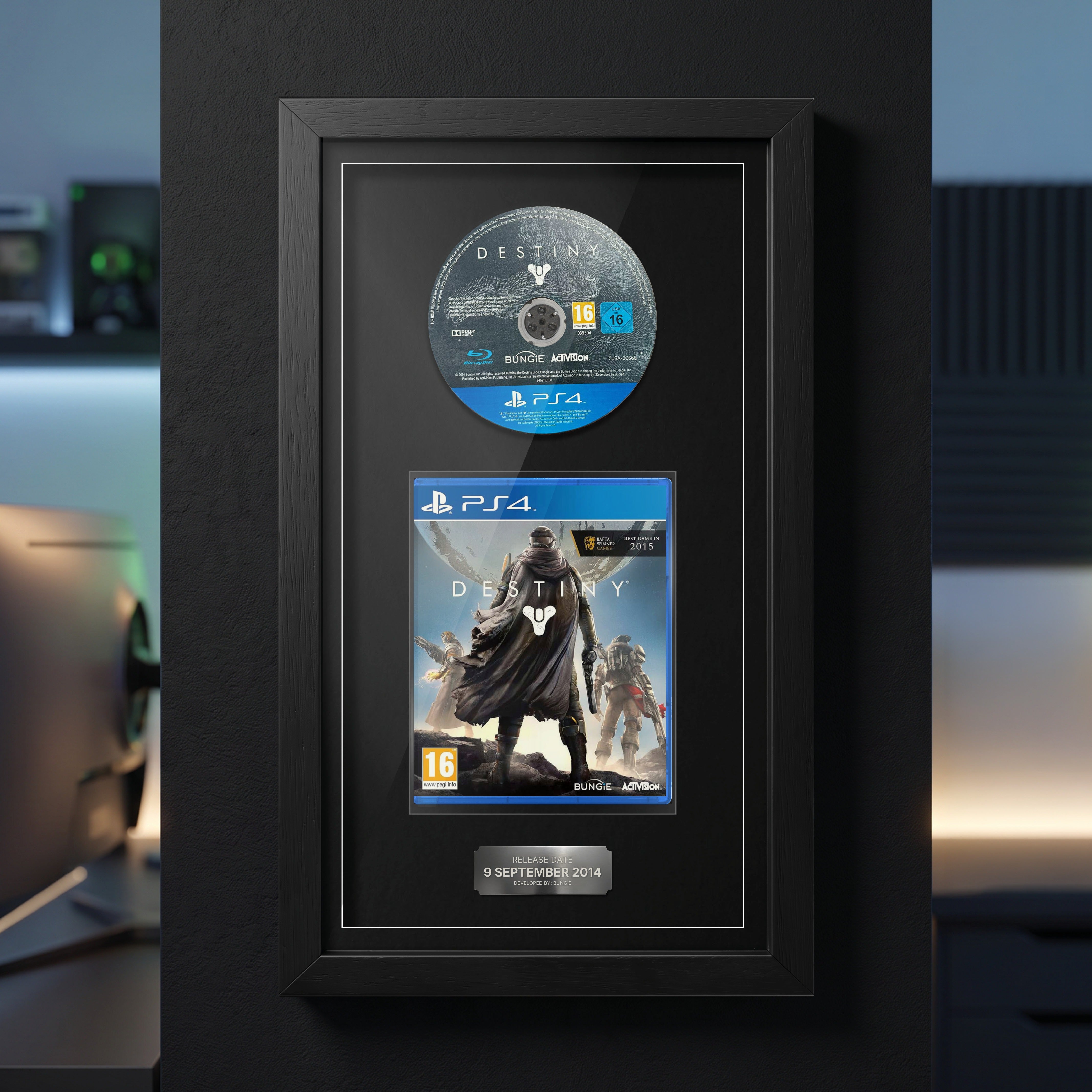 Destiny PS4 Exhibition Range frame on a dark wall with the disc and case on display