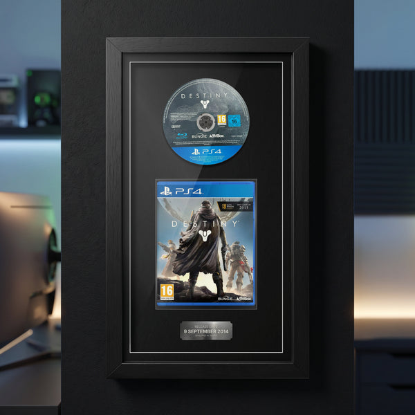 Destiny PS4 Exhibition Range frame on a dark wall with the disc and case on display