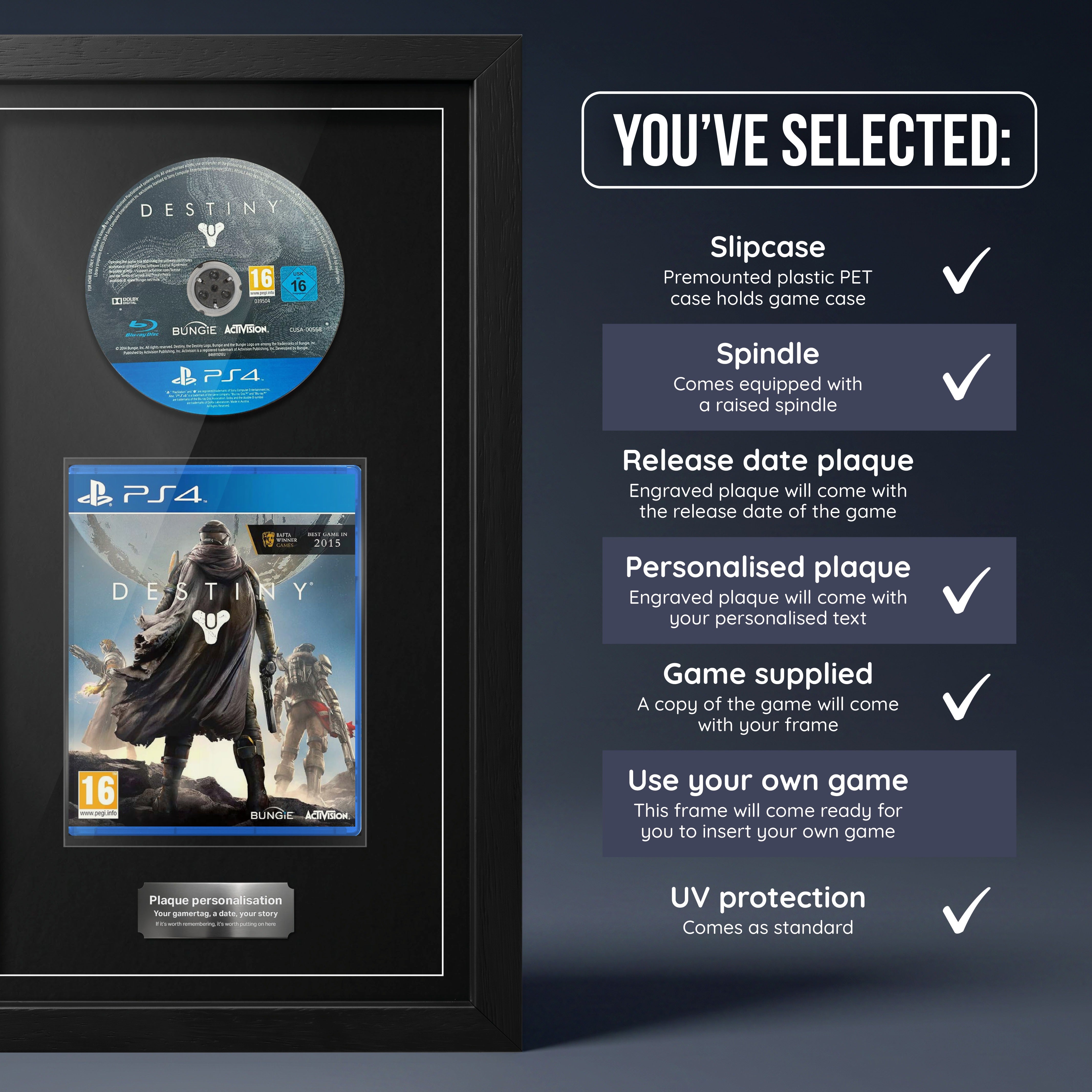 Destiny PS4 frame with game supplied and a personalised plaque