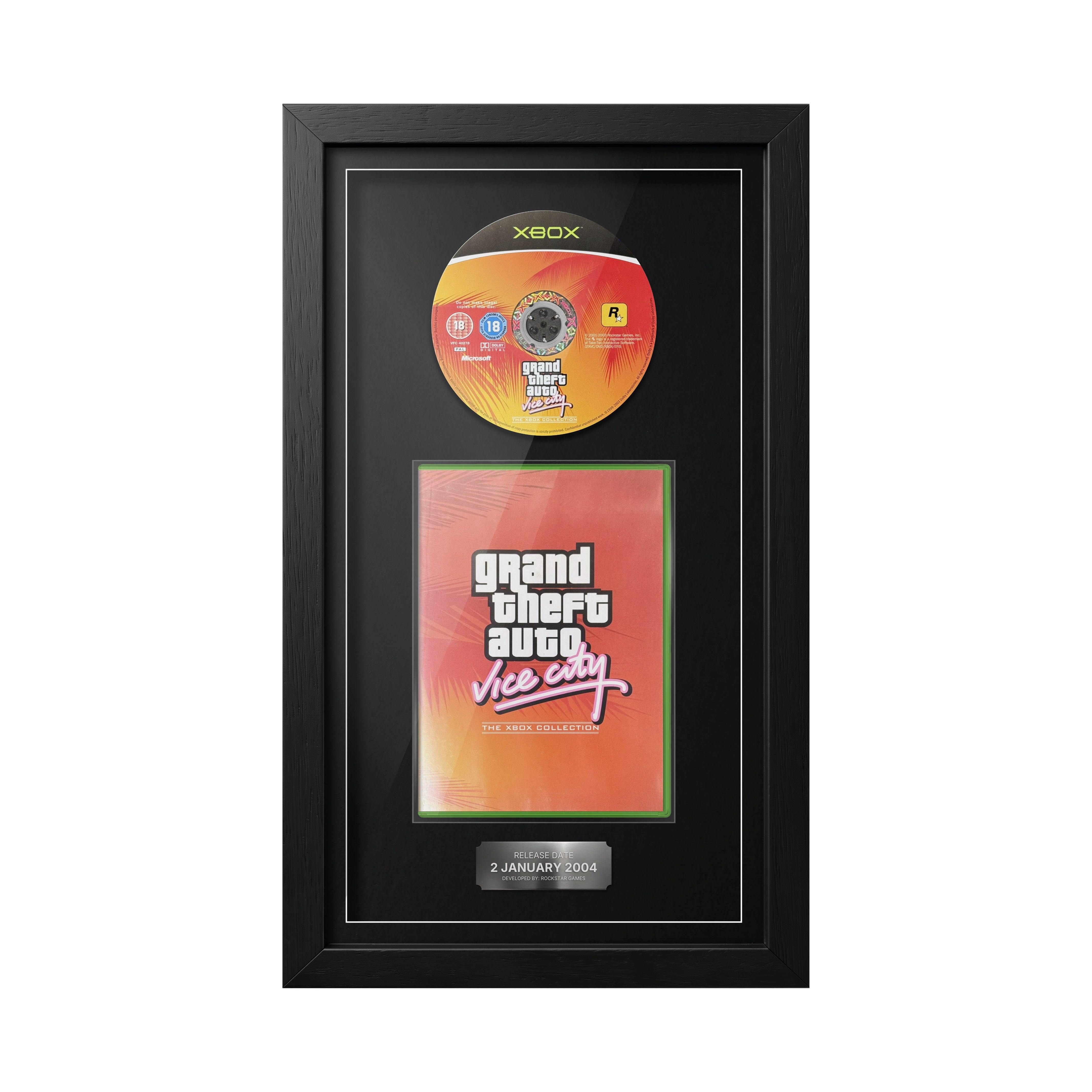 GTA Vice City Xbox Exhibition Range framed game with disc, case and release date plaque