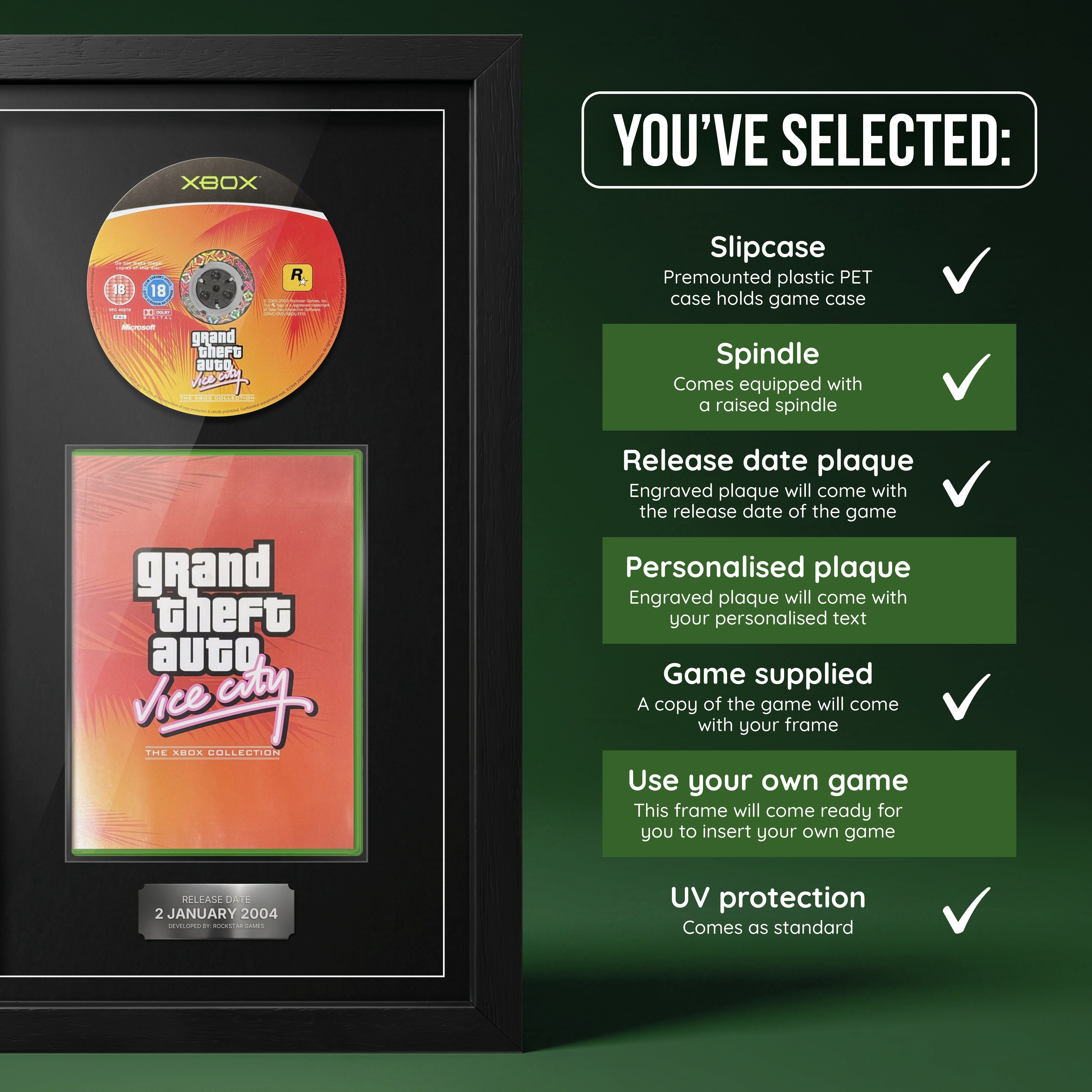 GTA Vice City Xbox frame, game supplied with release date plaque