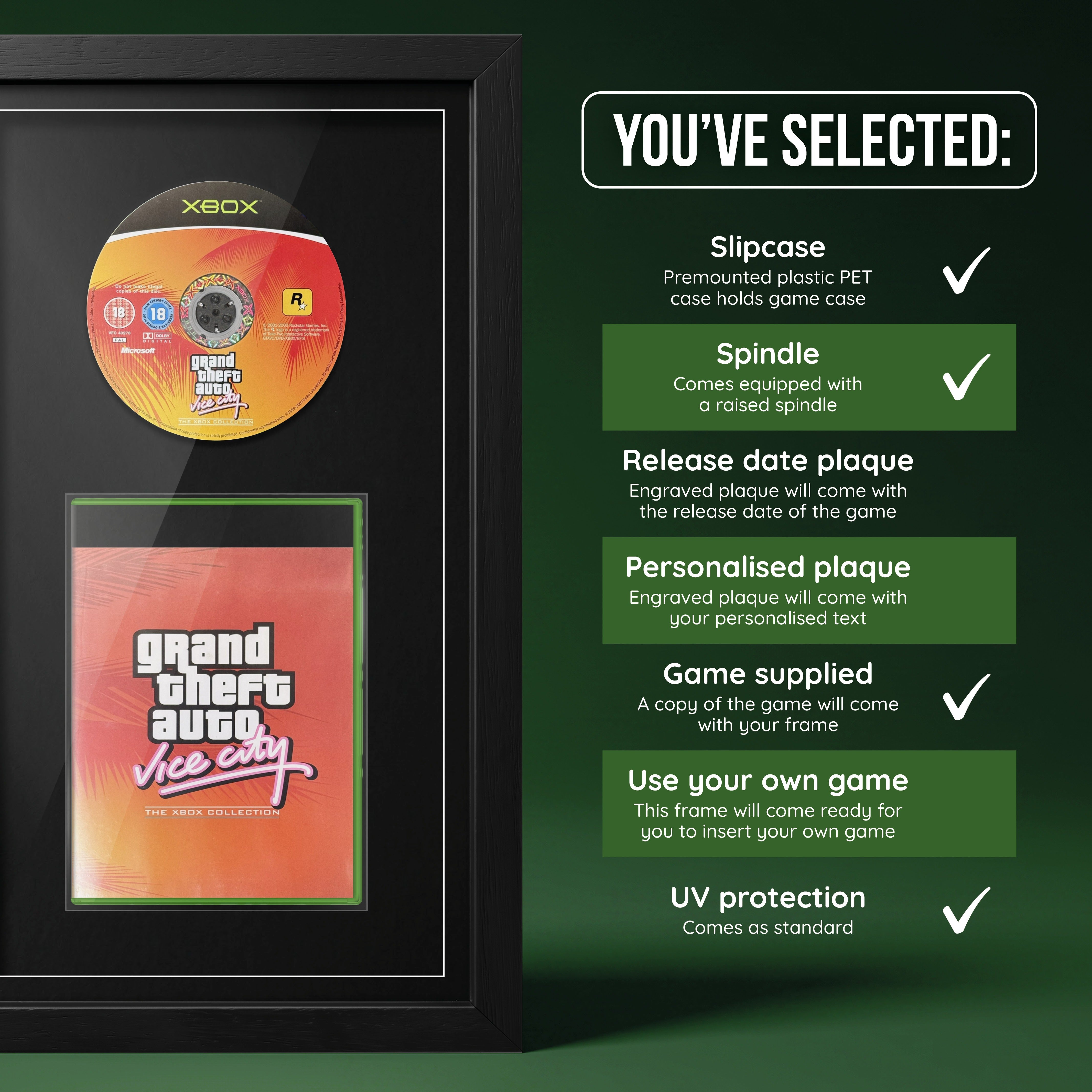 GTA Vice City Xbox frame, game supplied with no plaque