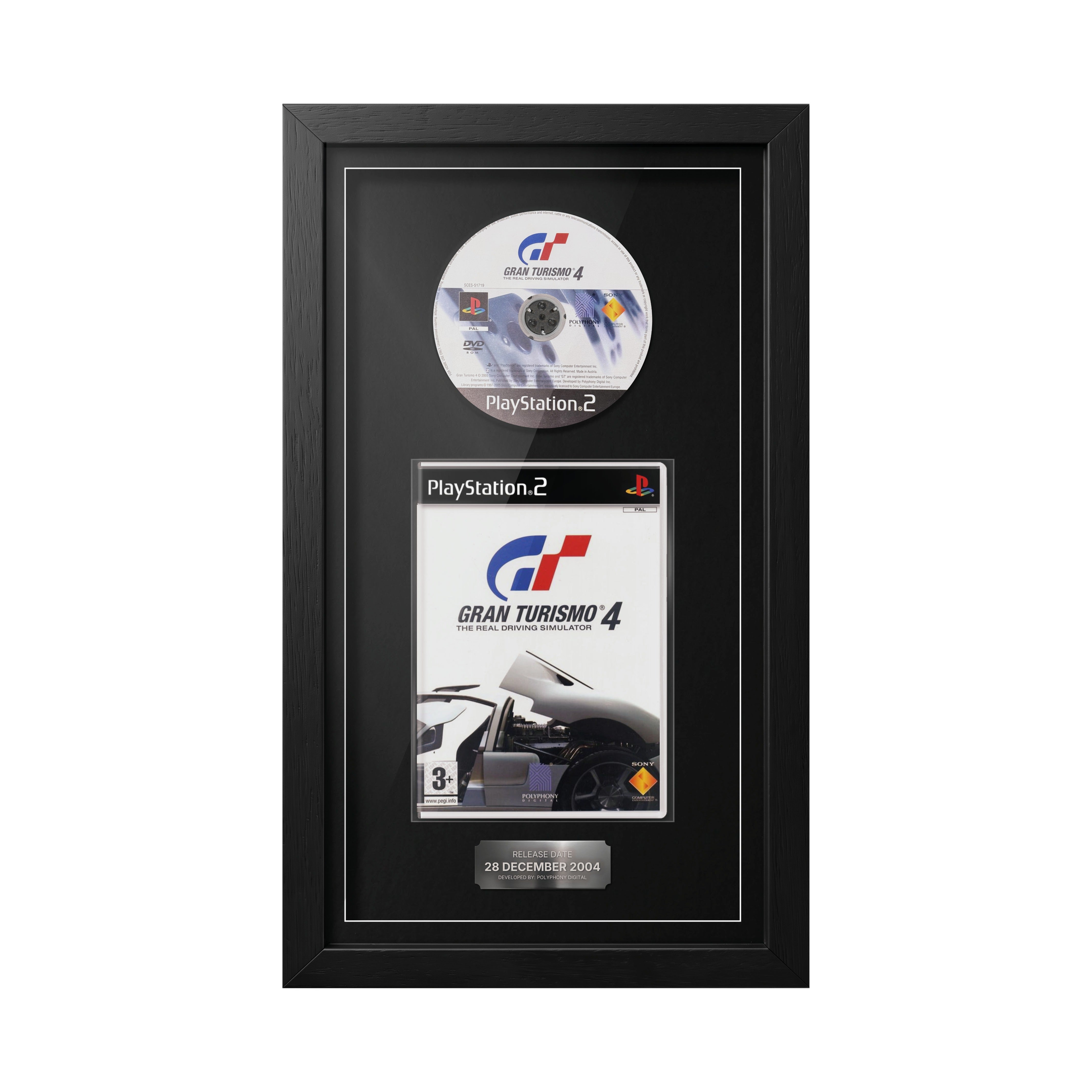 Gran Turismo 4 PS2 framed game display with disc, case and release date plaque