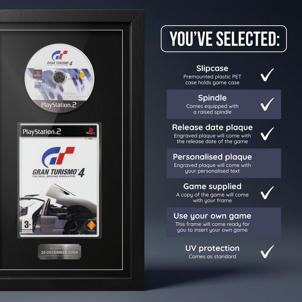 Gran Turismo 4 PS2 frame with game supplied and release date plaque, shown with what is included