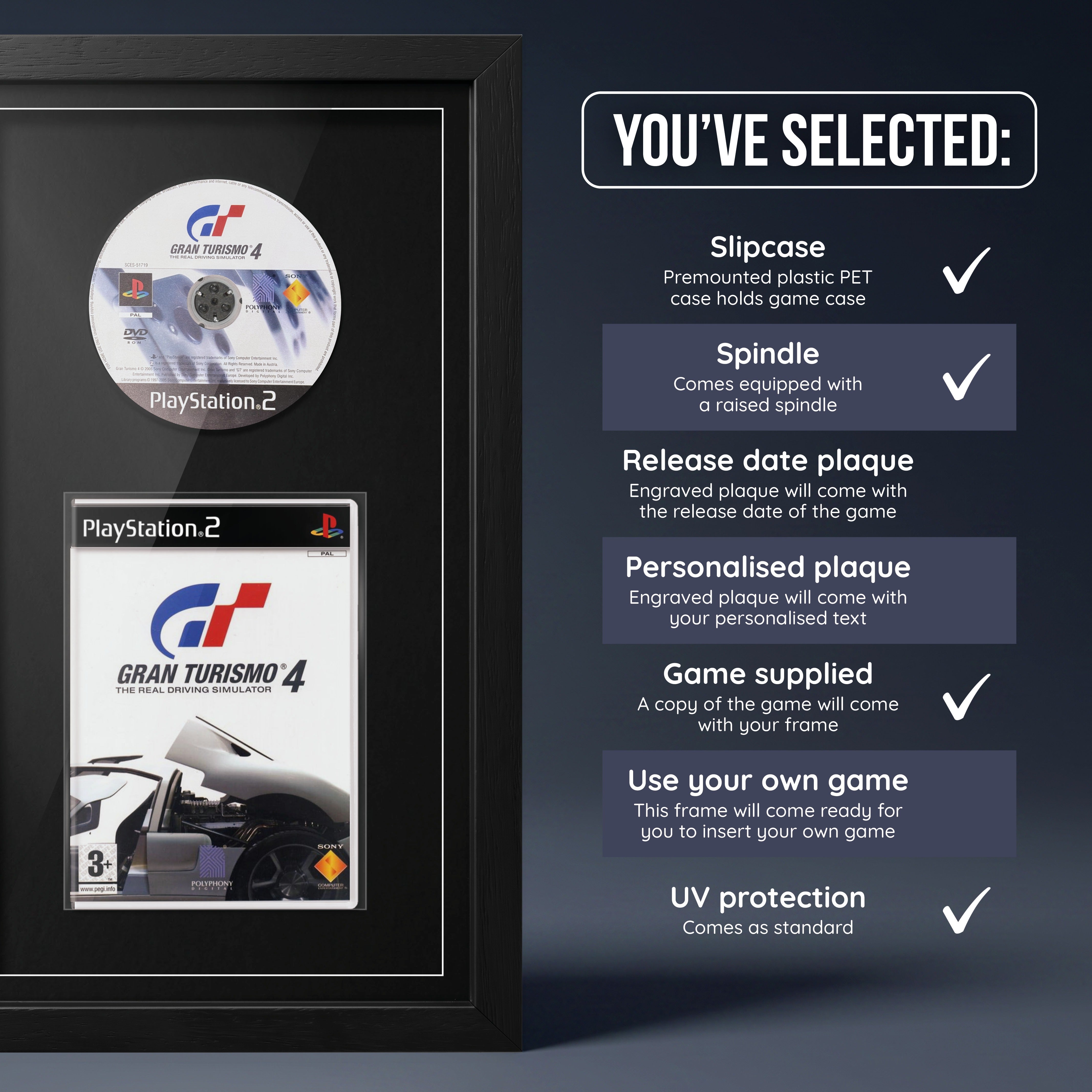 Gran Turismo 4 PS2 frame with game supplied and no plaque
