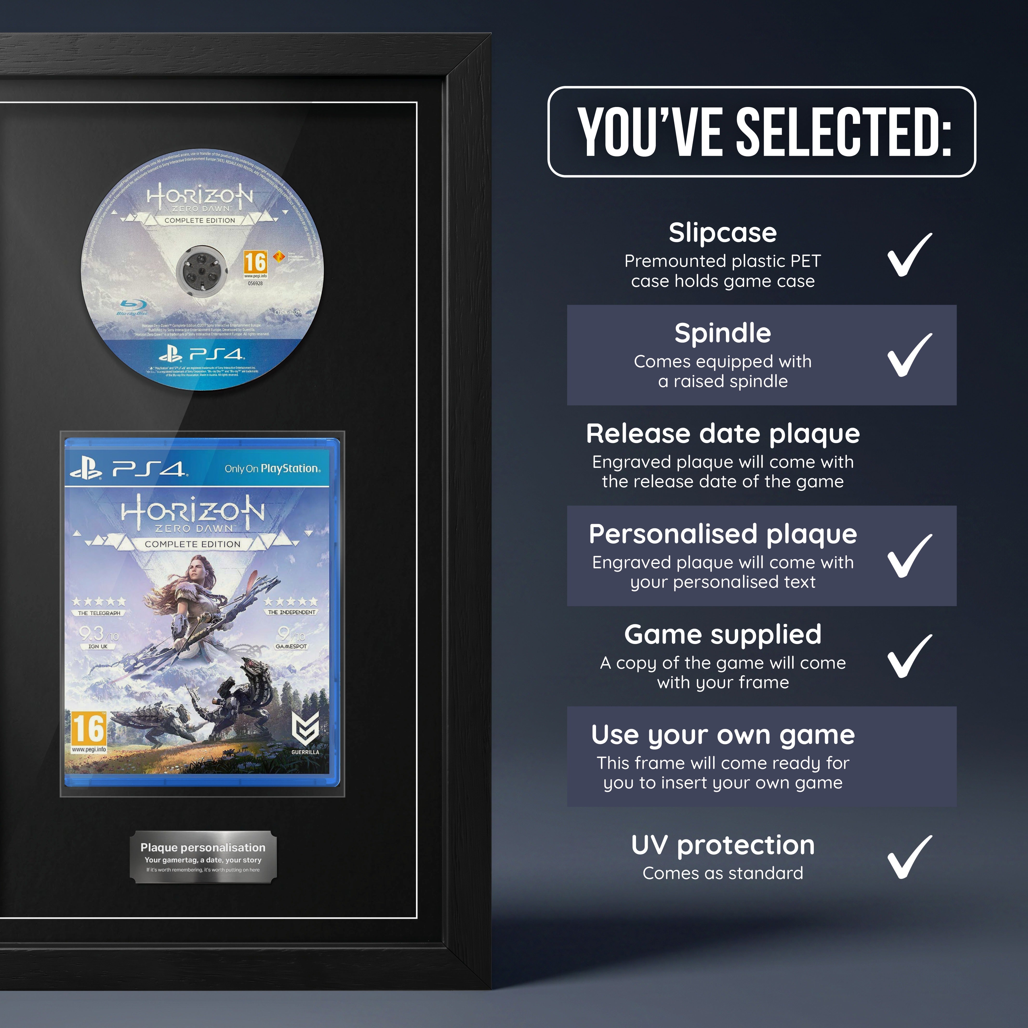 Horizon Zero Dawn Complete Edition PS4 frame with game supplied and a personalised plaque