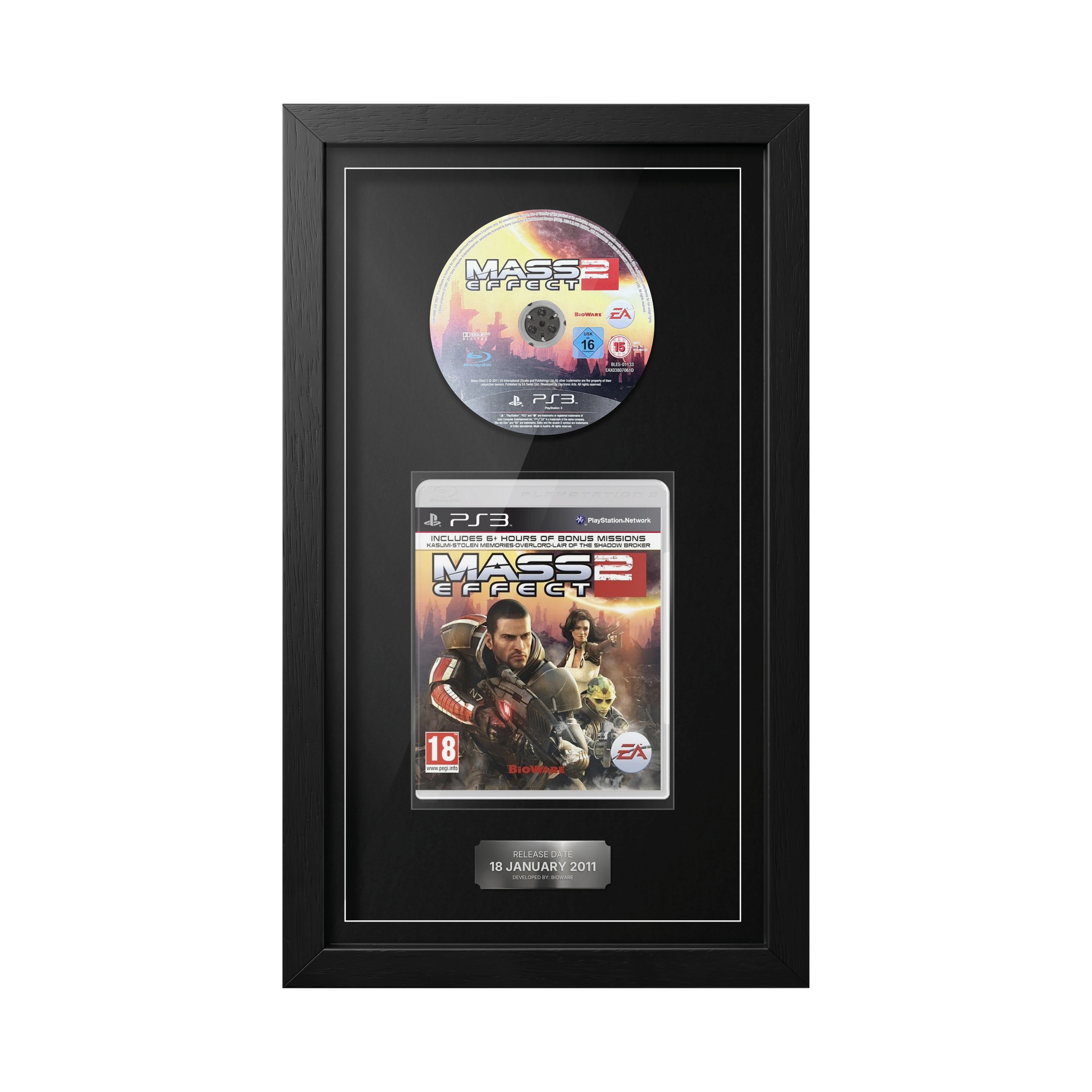 Mass Effect 2 PS3 Exhibition Range framed game with disc, case and release date plaque