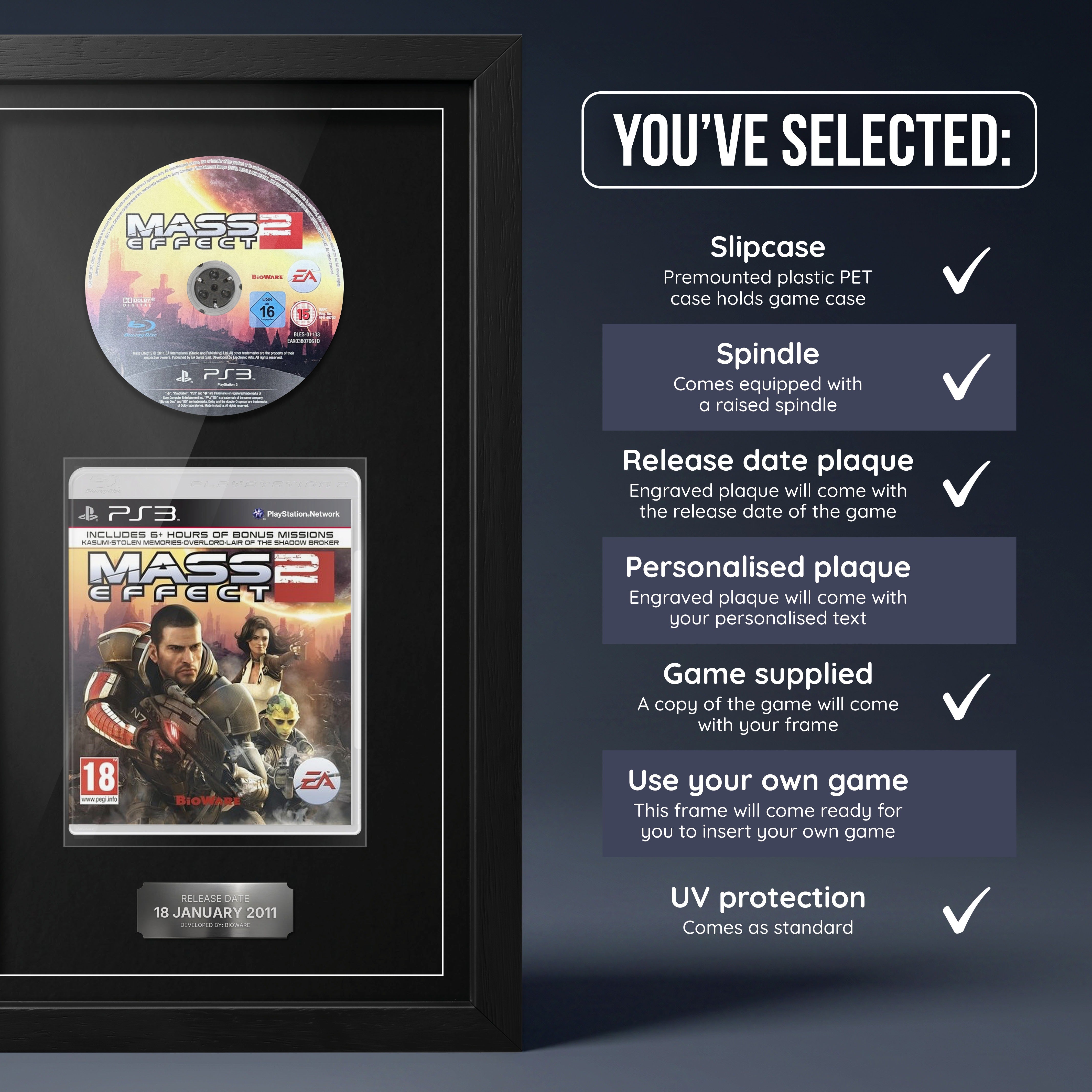 Mass Effect 2 PS3 frame, game supplied with release date plaque