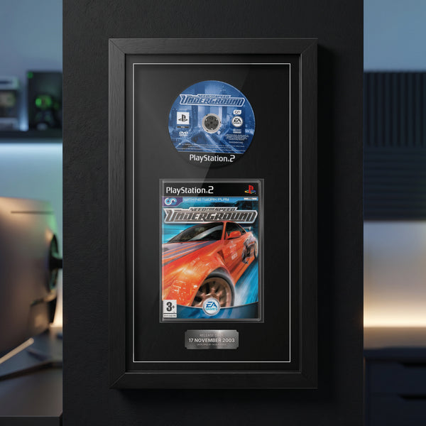 Need For Speed: Underground PS2 Exhibition Range frame on a dark wall with the disc and case on display