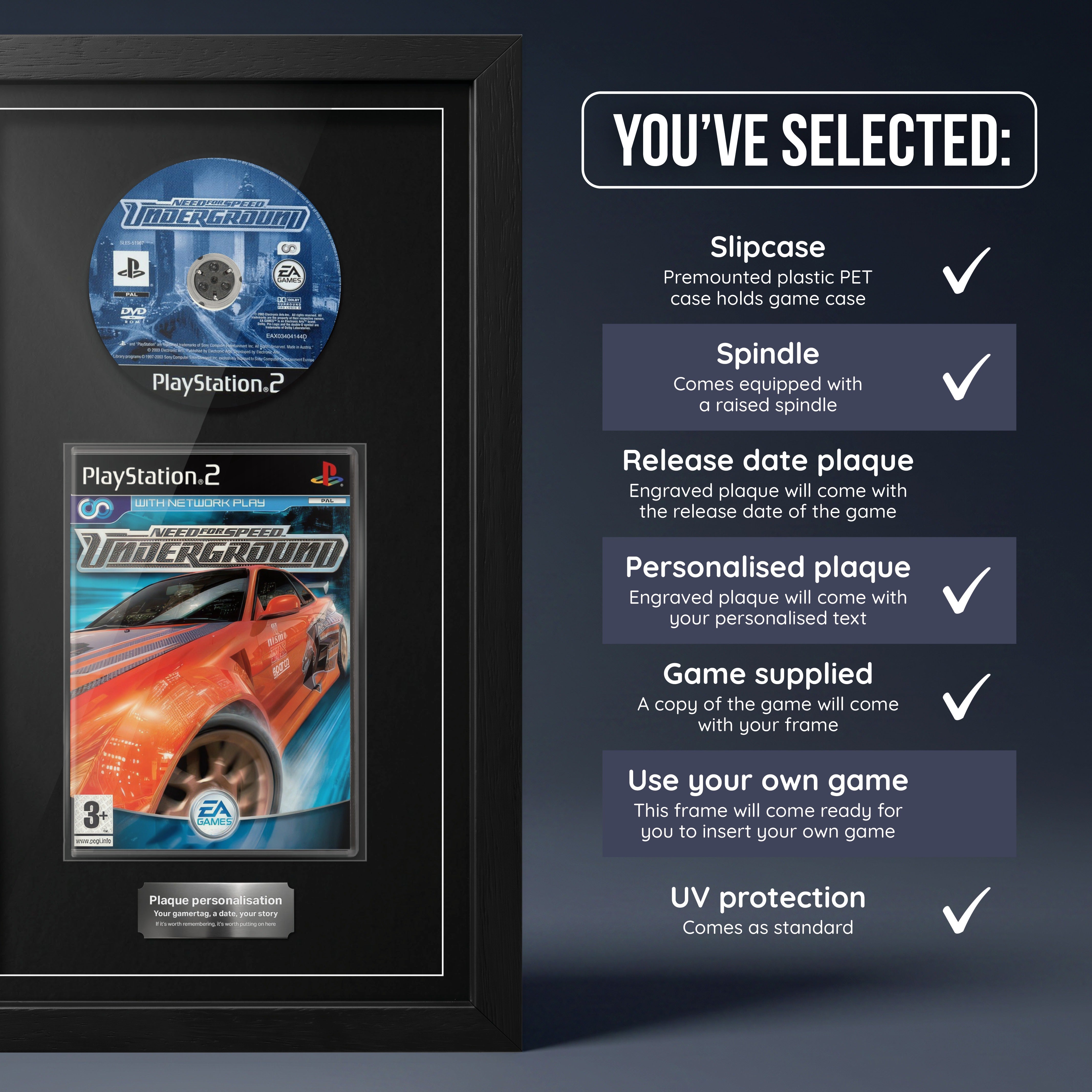 Need For Speed: Underground PS2 frame with game supplied and a personalised plaque