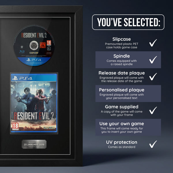 Resident Evil 2 PS4 frame with game supplied and release date plaque, shown with what is included