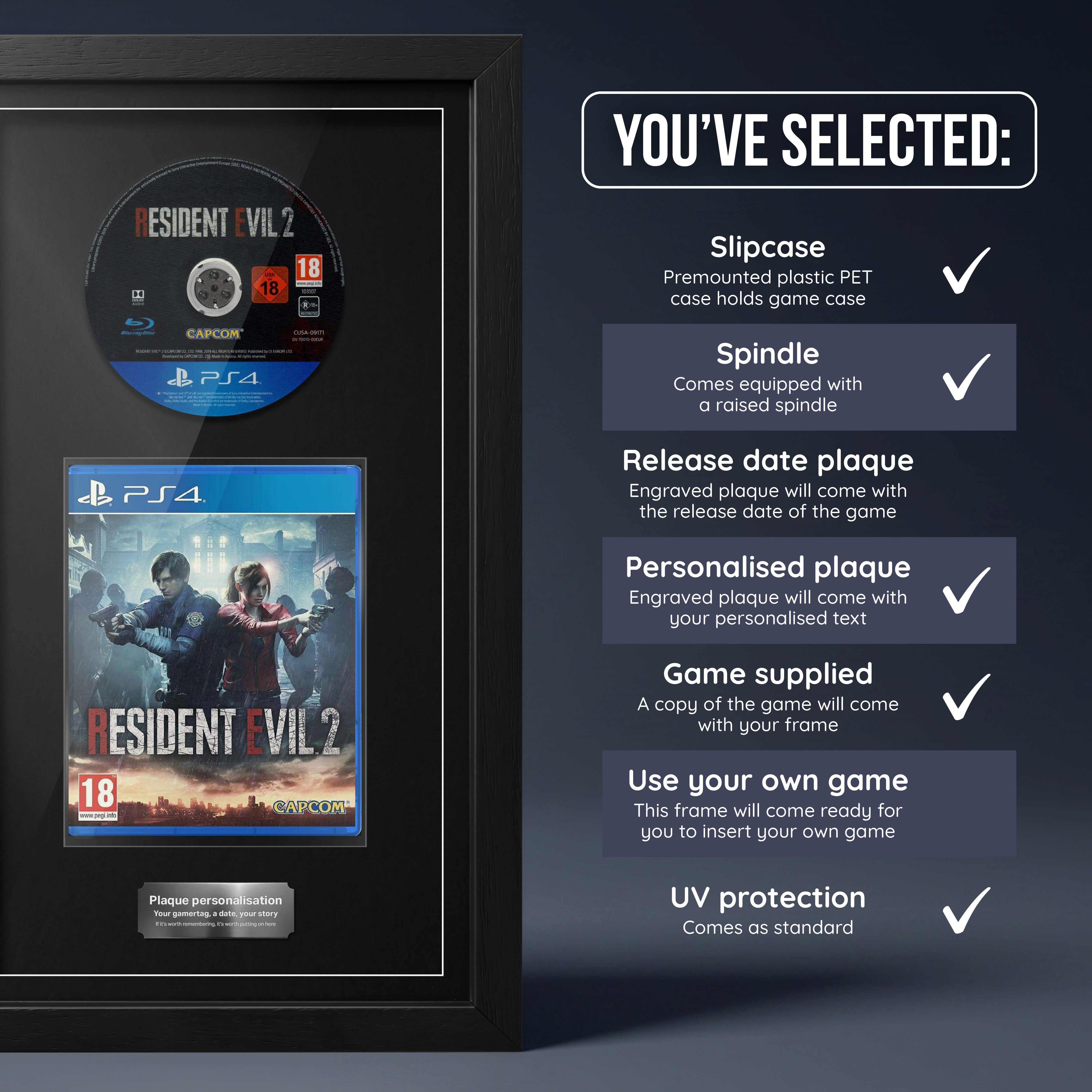 Resident Evil 2 PS4 frame with game supplied and a personalised plaque
