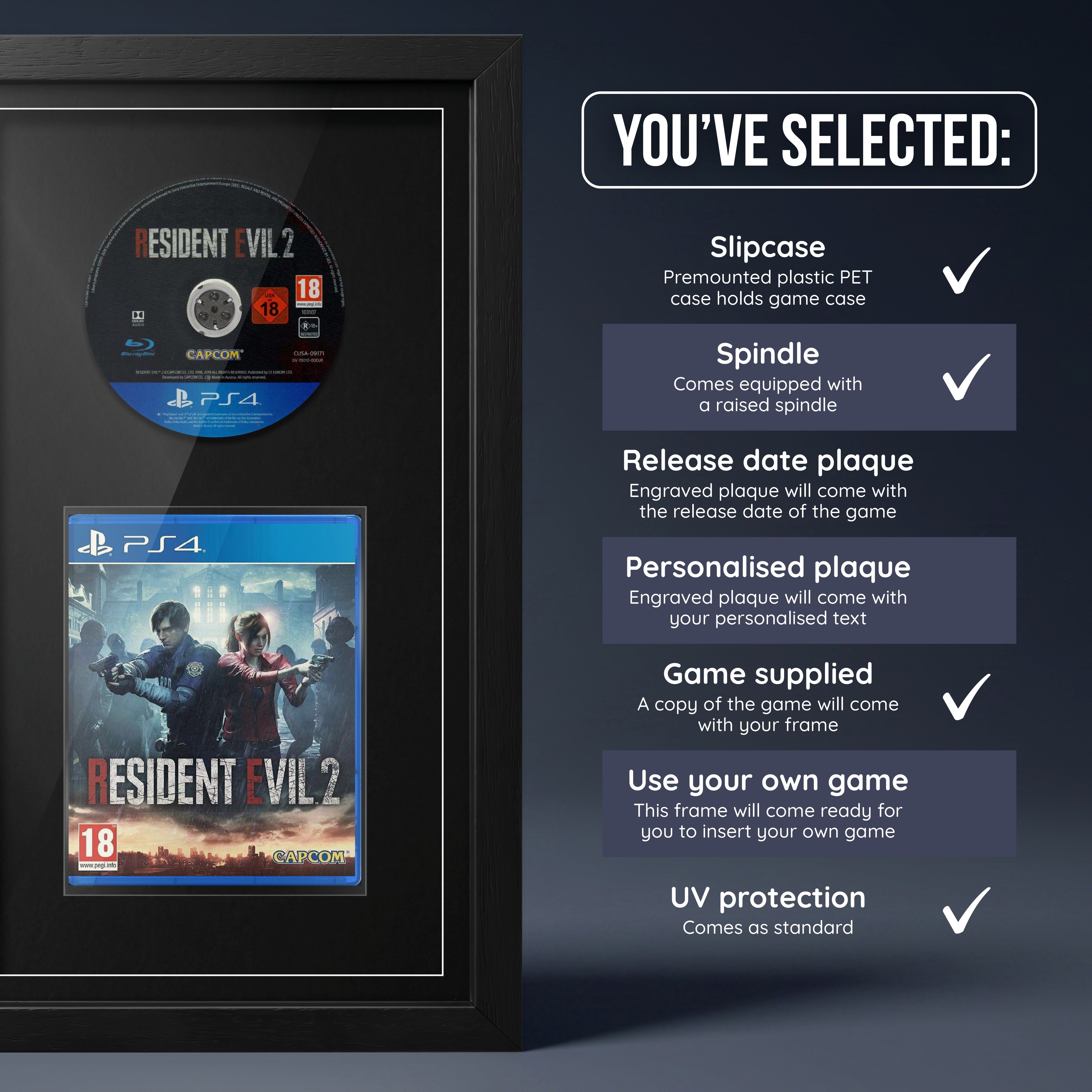Resident Evil 2 PS4 frame with game supplied and no plaque