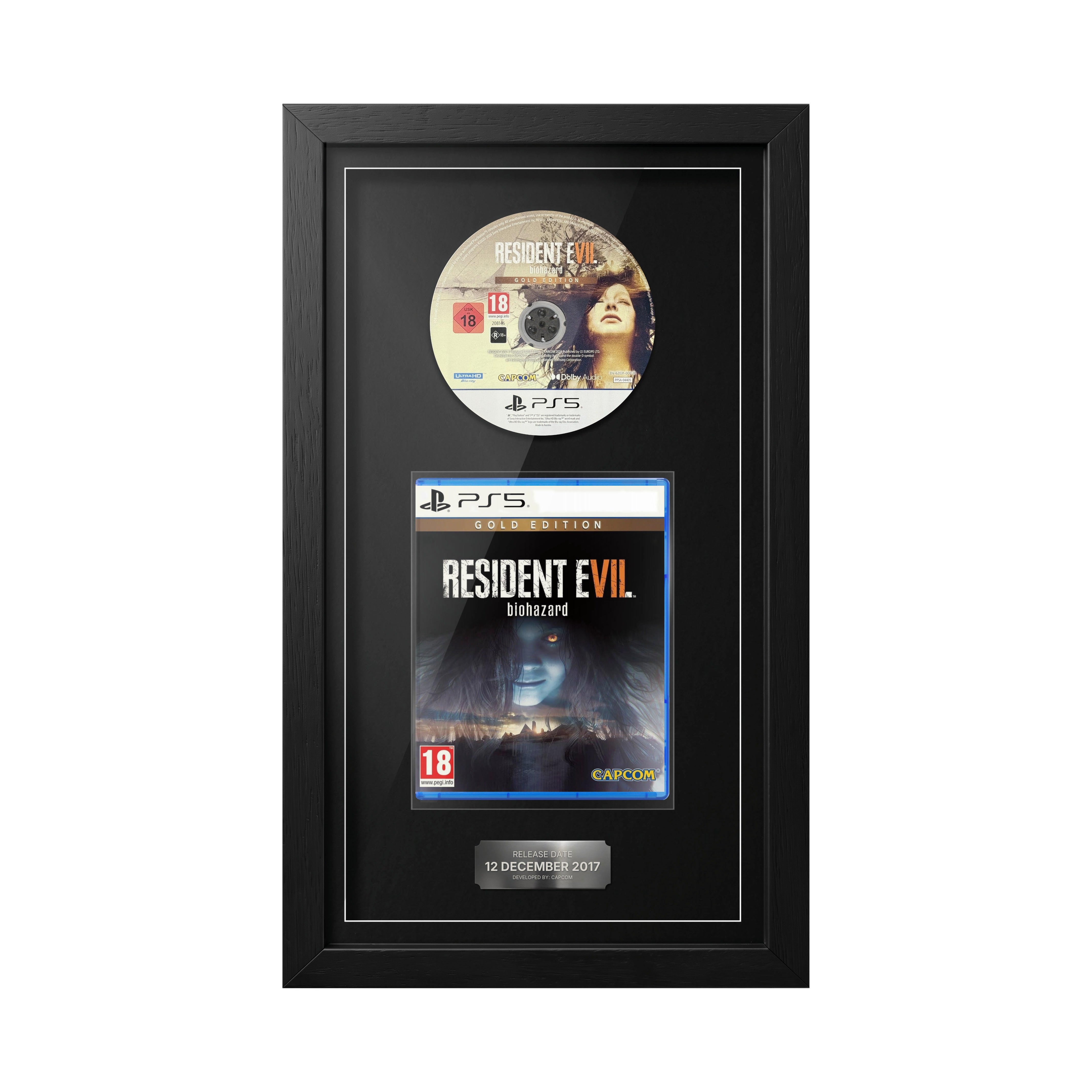 Resident Evil 7 Gold Edition PS5 Exhibition Range framed game with disc, case and release date plaque