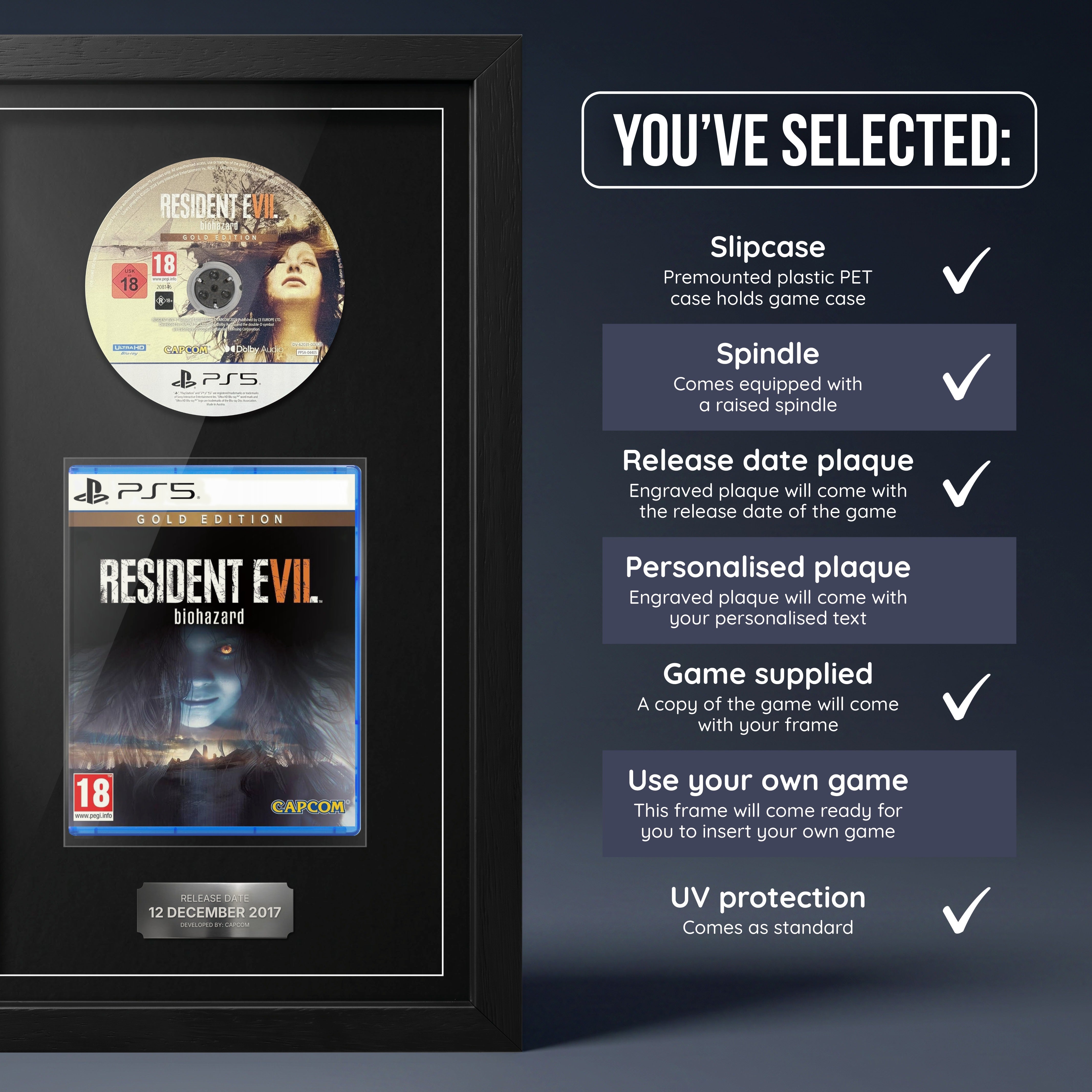 Resident Evil 7 Gold Edition PS5 frame, game supplied with release date plaque