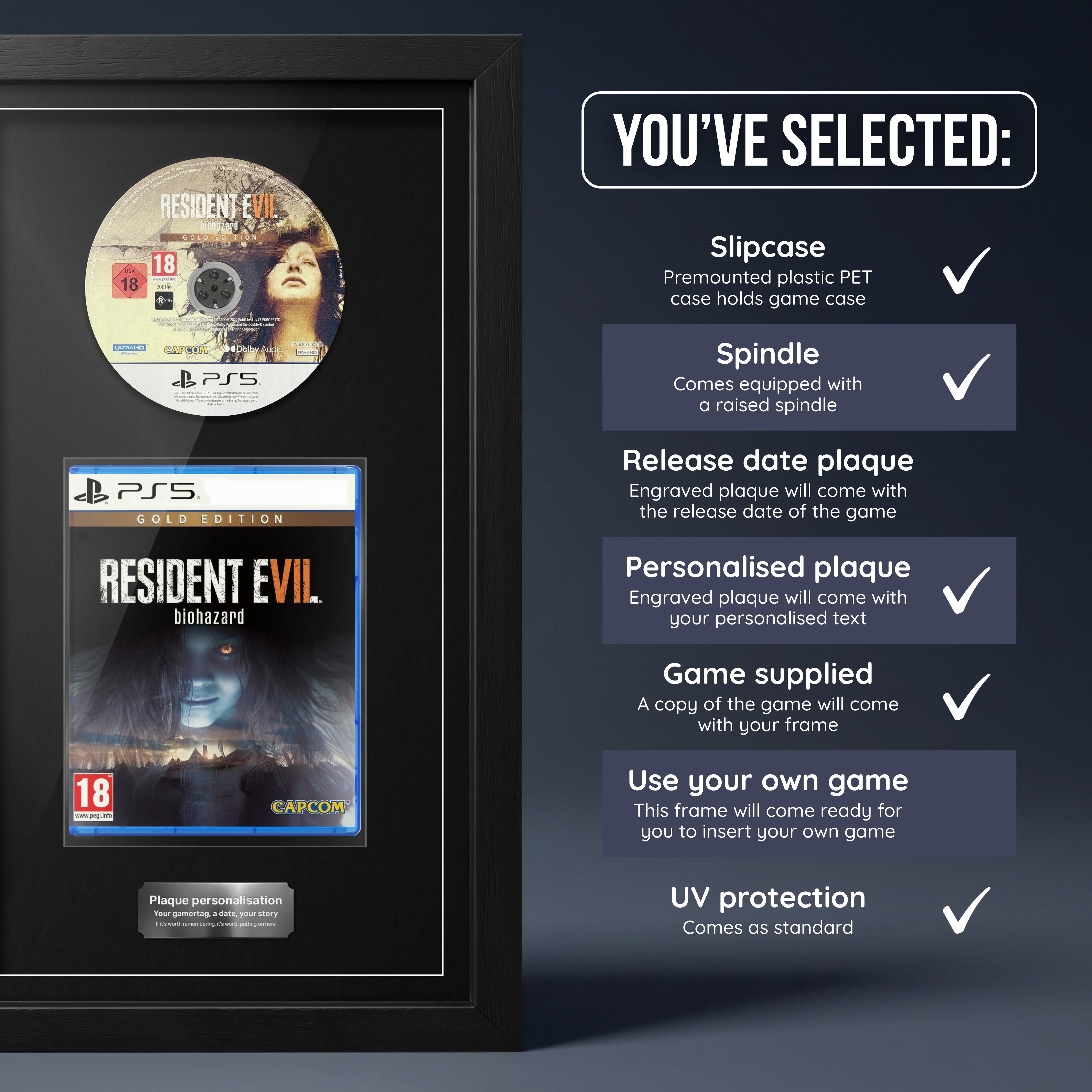 Resident Evil 7 Gold Edition PS5 frame, game supplied with personalised plaque