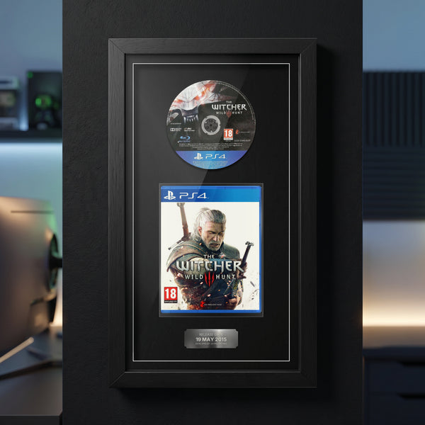 The Witcher 3: Wild Hunt PS4 Exhibition Range frame on a dark wall with the disc and case on display