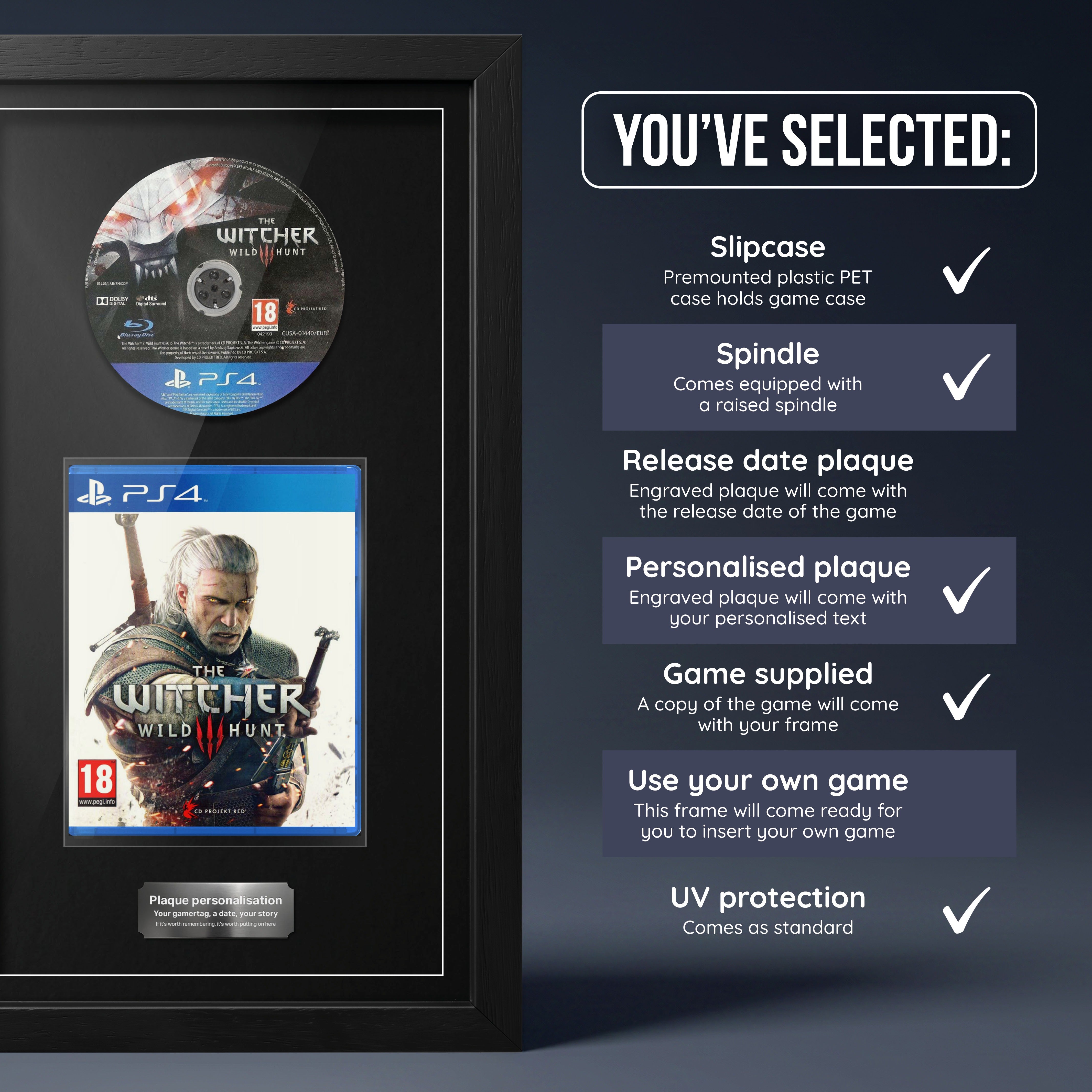 The Witcher 3: Wild Hunt PS4 frame with game supplied and a personalised plaque